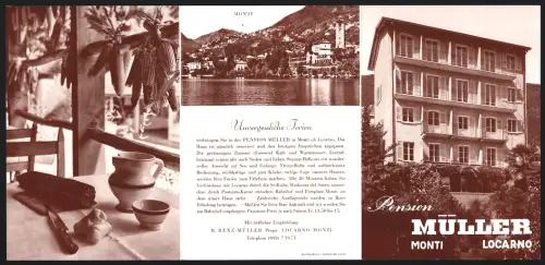 Vertreterkarte Locarno-Monti, Pension Müller, H. Benz-Müller, Aussen- und Innenansichten vom Hotel, Ortsansichten