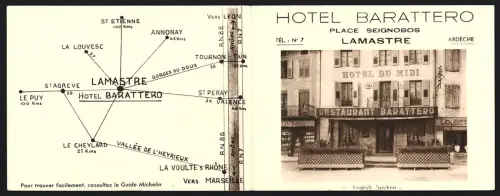 Vertreterkarte Lamastre /Ardéche, Hotel Barattero, Place Seignobos, Aussen- und Innenansichten vom Hotel
