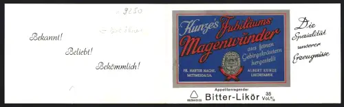 Vertreterkarte Mittweida /Sa., Albert Kunze Likörfabrik, Fr. Harter Nachf., Kunze`s Jubiläums Magenwunder