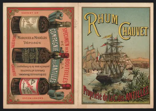 Vertreterkarte Saint-Omer, M. Vasseur-Martin, Vins et Spiriteux, Rhum Chauvet, Segelschiffe und Rumflaschen