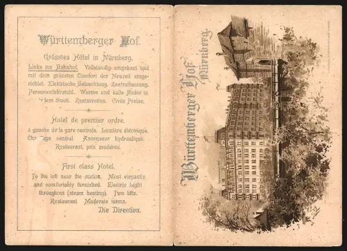 Vertreterkarte Nürnberg, Hotel Württemberger Hof, Blick auf das Hotel und Plan von Nürnberg