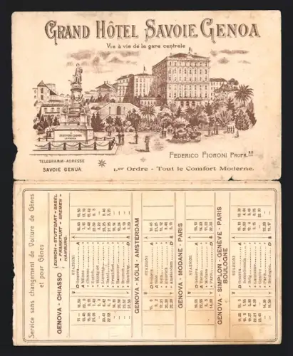 Vertreterkarte Genova, Grand Hotel Savoie, Federico Fioroni Propr., Blick auf das Hotel, Statue von Christoph Kolumbus