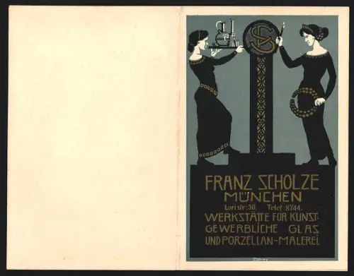 Vertreterkarte München, Franz Scholze, Werkstätte für Kunst und Porzellan-Malerei, zwei Frauen mit Tablett und Pinsel