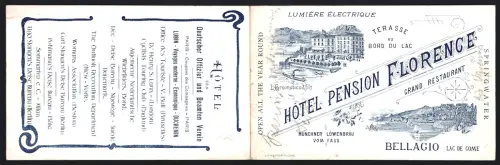 Vertreterkarte Bellagio /Lac de Come, Hotel Pension Florence, Grand Restaurant, Terrasse au bord du lac