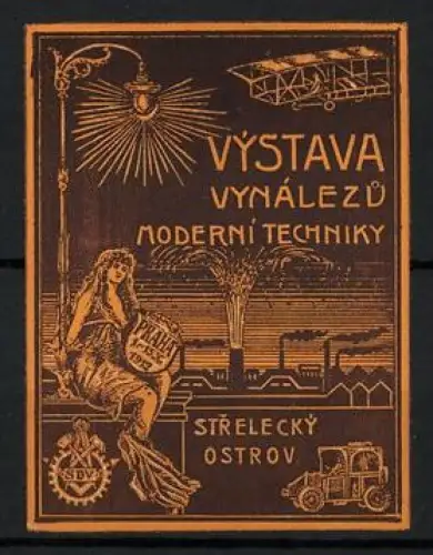 Reklamemarke Praha, Výstava Vynálezu Moderní Techniky 1912, Laterne und Flugzeug