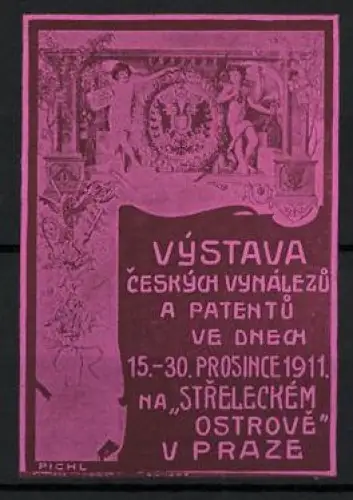 Reklamemarke Praha, Výstava ceských vynálezu a patentu 1911, Wappen und Figuren