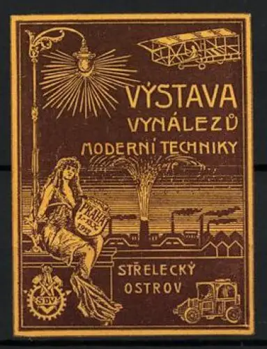Reklamemarke Praha, Strelecký Ostrov, Výstava Vynálezu Moderní Techniky 1912, Doppeldecker und Strassenlaterne