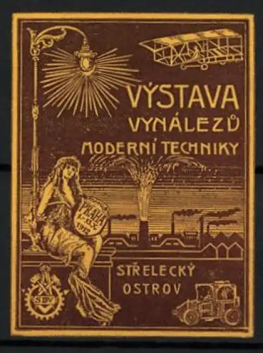 Reklamemarke Praha, Výstava Vynálezu Moderní Techniky 1912, Doppeldecker Flugzeug und Auto