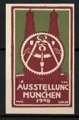 Reklamemarke München, Ausstellung 1908, Zange und Kirchtürme