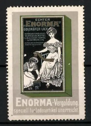 Reklamemarke Enorma Goldkäfer-Lack, Vergoldung für Lederartikel, Frau mit vergoldeten Schuhen