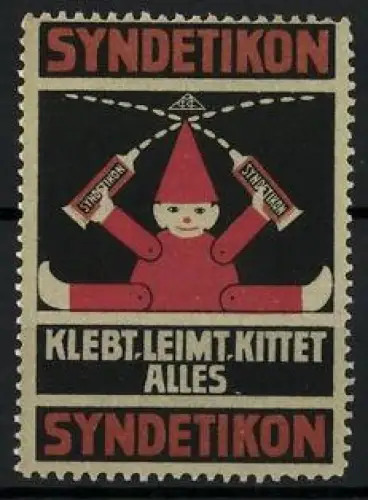Reklamemarke Syndetikon Klebstoff, Rote Puppe mit Klebertuben