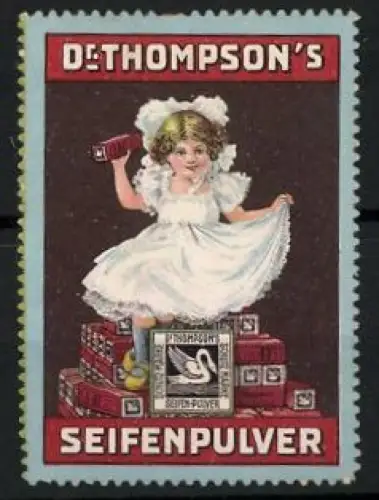 Reklamemarke Dr. Thompson`s Seifenpulver, Mädchen mit Seifenpaketen