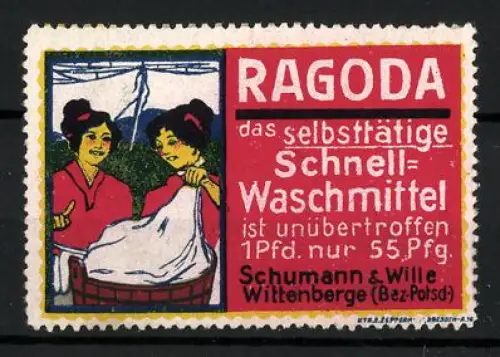 Reklamemarke Wittenberge, Schumann & Wille, Schnell-Waschmittel Ragoda, zwei Frauen beim Wäschewaschen