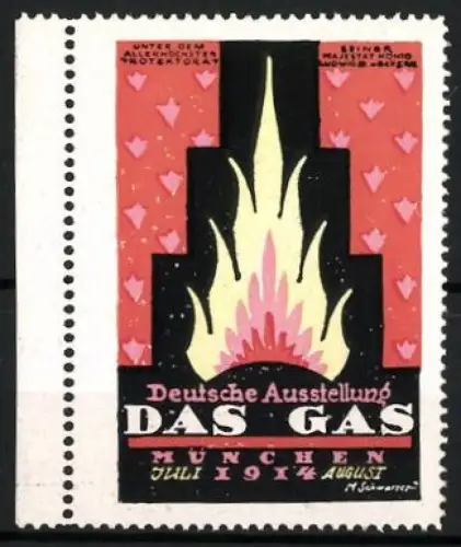 Künstler-Reklamemarke M. Schwarzer, München, Deutsche Ausstellung Das Gas 1914, Flammenmotiv