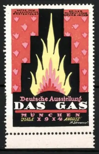 Künstler-Reklamemarke M. Schwarzer, München, Deutsche Ausstellung Das Gas 1914, Gasflamme