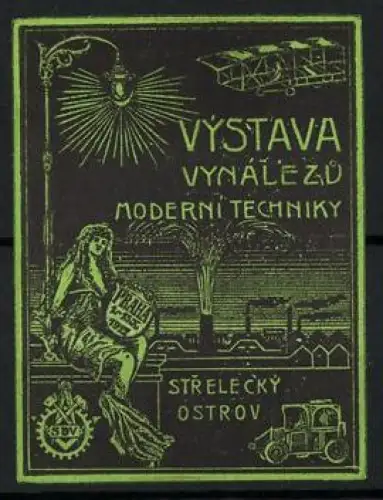Reklamemarke Praha, Výstava Vynálezu 1912, Doppeldecker Flugzeug und Strassenlaterne, grün