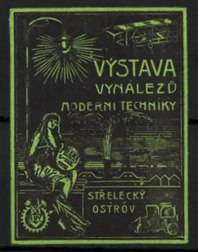 Reklamemarke Praha, Výstava Vynálezu Moderní Techniky 1912, Auto und Doppeldecker Flugzeug, grün