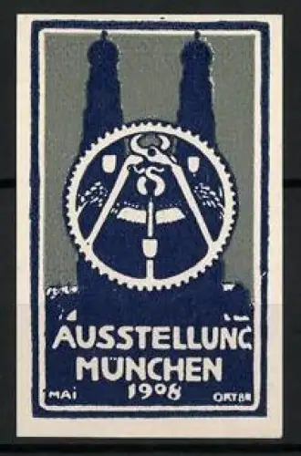 Reklamemarke München, Ausstellung 1908, Kirchtürme mit Zahnrad