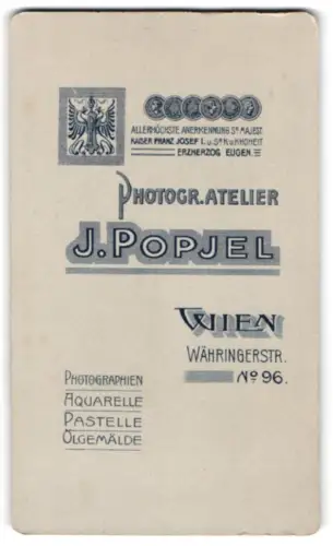 Fotografie J. Popjel, Wien, Währingerstrasse 96, Name des Ateliers mit dem kgl. österreichischen Wappen