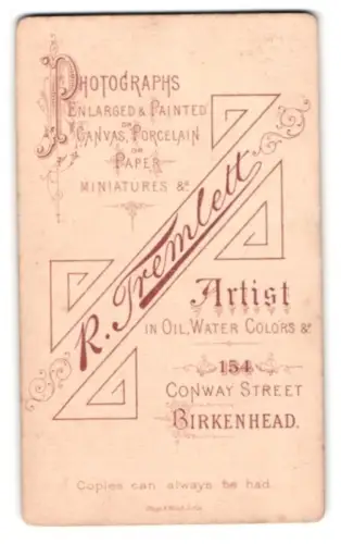 Fotografie Reuben Tremlett, Birkenhead, Conway Street 154, Name des Fotografen mit dekorativem geometrischen Rahmen