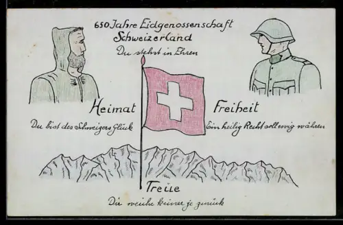 Handzeichnung 650 Jahre Eidgenossenschaft Schweizerland, Soldat in Uniform