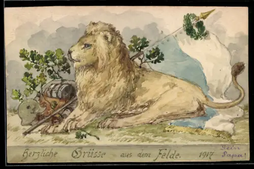 Handzeichnung Löwe mit Soldatenrucksack und Helm, Gruss aus dem Felde 1917