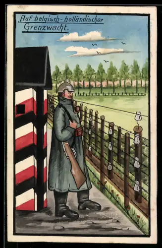 Handzeichnung Deutscher Soldat auf belgisch-holländischer Grenzwacht
