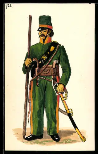 Handzeichnung Soldat in grüner Uniform mit Waffen und Orden