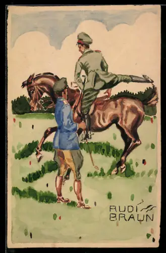 Handzeichnung Soldat steigt auf sein Pferd