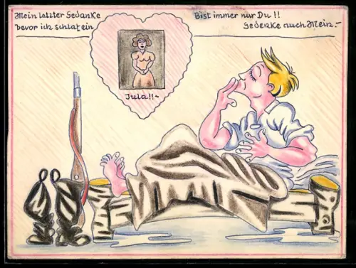 Handzeichnung Soldat in seinem Bett denkt an seine Liebste