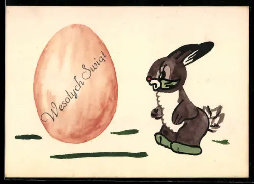 Handzeichnung Osterhase mit einem orangefarbenen Osterei
