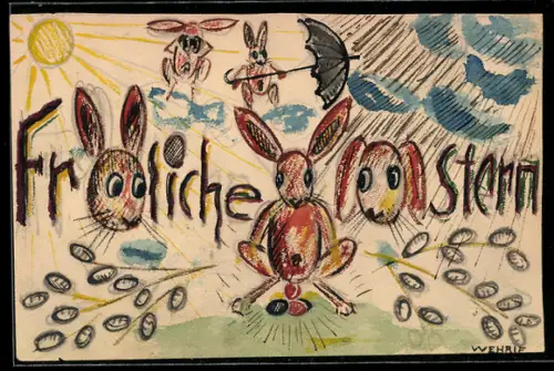 Handzeichnung Osterhase legt Ostereier, Zwei Osterhasen im Regen