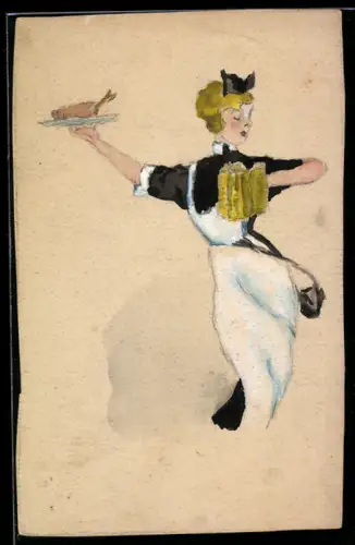 Handzeichnung Kellnerin mit Bier und einem Teller