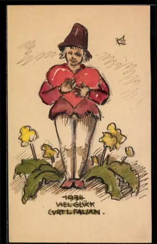 Handzeichnung sign. Curt L. Falian: Mensch mit einem grossen Herzen auf einer Wiese