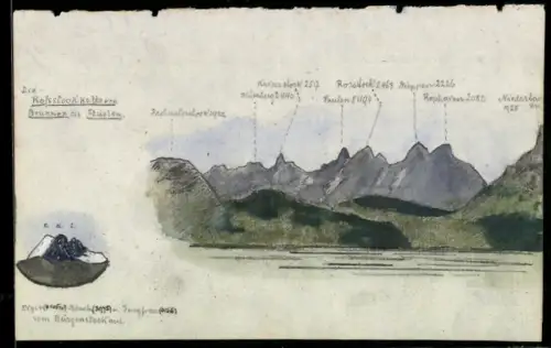 Handzeichnung Die Rossstockkette von Brunnen bis Fluelen, Mit Faulen, Blumberg und Kaiserstock
