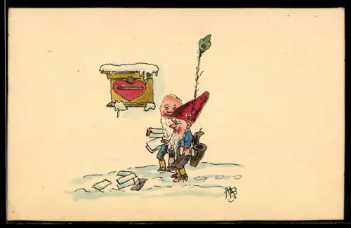 Handzeichnung sign. M.B.: Zwerge stehen vor einem Briefkasten im Schnee