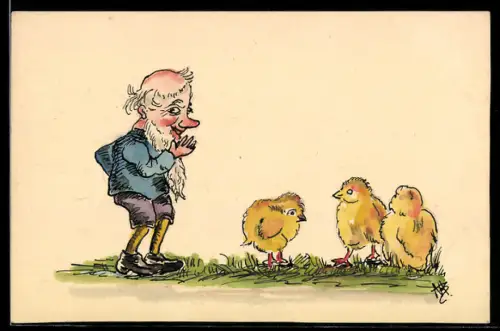 Handzeichnung sign. M.B.: Zwerg ohne Hut steht neben Küken
