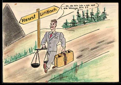 Handzeichnung Mann im Anzug, Waage und Reisegepäck auf der Strecke zwischen Reust und Limbach