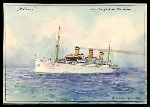 Handzeichnung sign. G. Ulrich: Schiff Reliance auf der Hamburg-Amerika-Linie