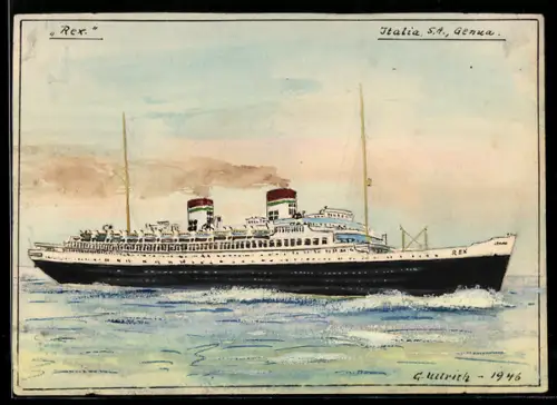 Handzeichnung sign. G. Ulrich: Passagierschiff Rex auf hoher See