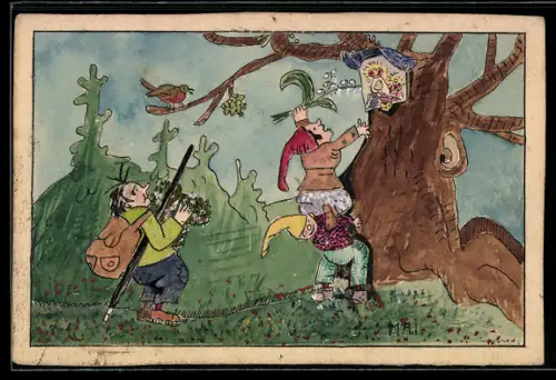 Handzeichnung Zwerge betrachten das Bild einer Heiligen an einem Baum