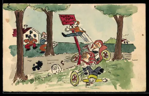 Handzeichnung Menschen fallen bei einem Unfall aus ihrem Auto