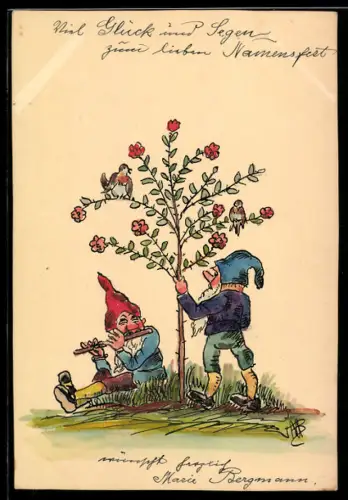 Handzeichnung Zwerge stehen an einem Bäumchen, einer spielt Flöte