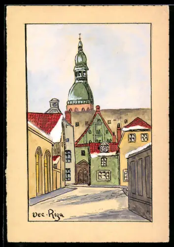 Handzeichnung Ortspartie mit Kirche in Riga