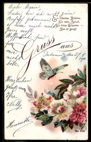 Lithographie Schmetterling über blühenden Blumen