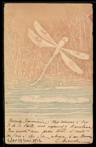 Präge-AK Libelle über einem Gewässer