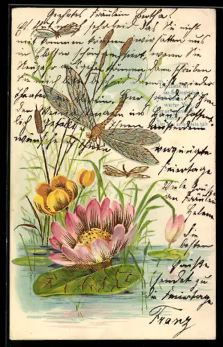 Präge-Lithographie Libellen über Wasserrosen