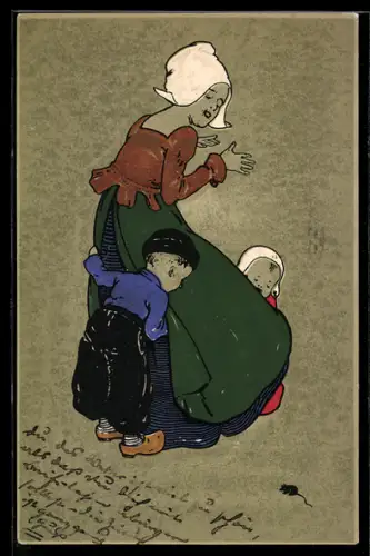 Künstler-AK Kinder flüchten vor Maus an den Schürzenzipfel der Mutter