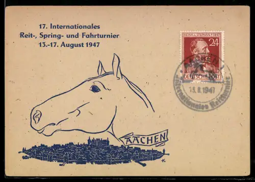 AK Aachen, 17. Internationales Reit-, Spring- u. Fahrturnier 1947, Pferd mit Stadtansicht
