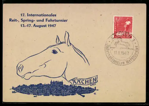 AK Aachen, 17. Internationales Reit-, Spring- u. Fahrturnier 1947, Pferdekopf über Stadtansicht
